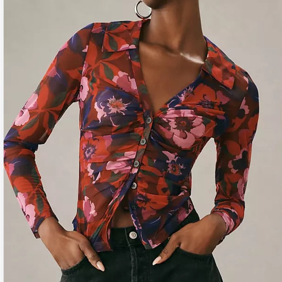 Maeve by AnthropologieSheer Ruched Buttondown Blouse - Picture 8 of 8
